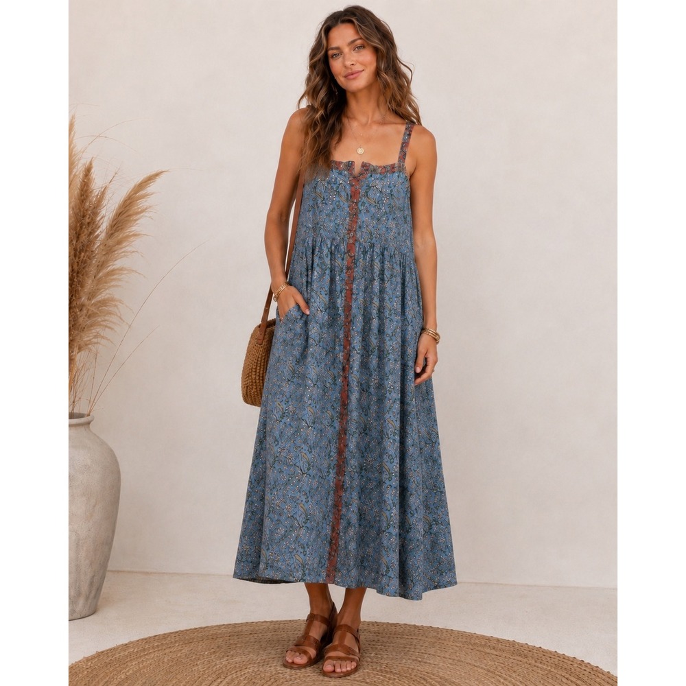 Natural Life XL Maxi Dress Blue Floral Paisley Cotton Boho Adjustable Straps